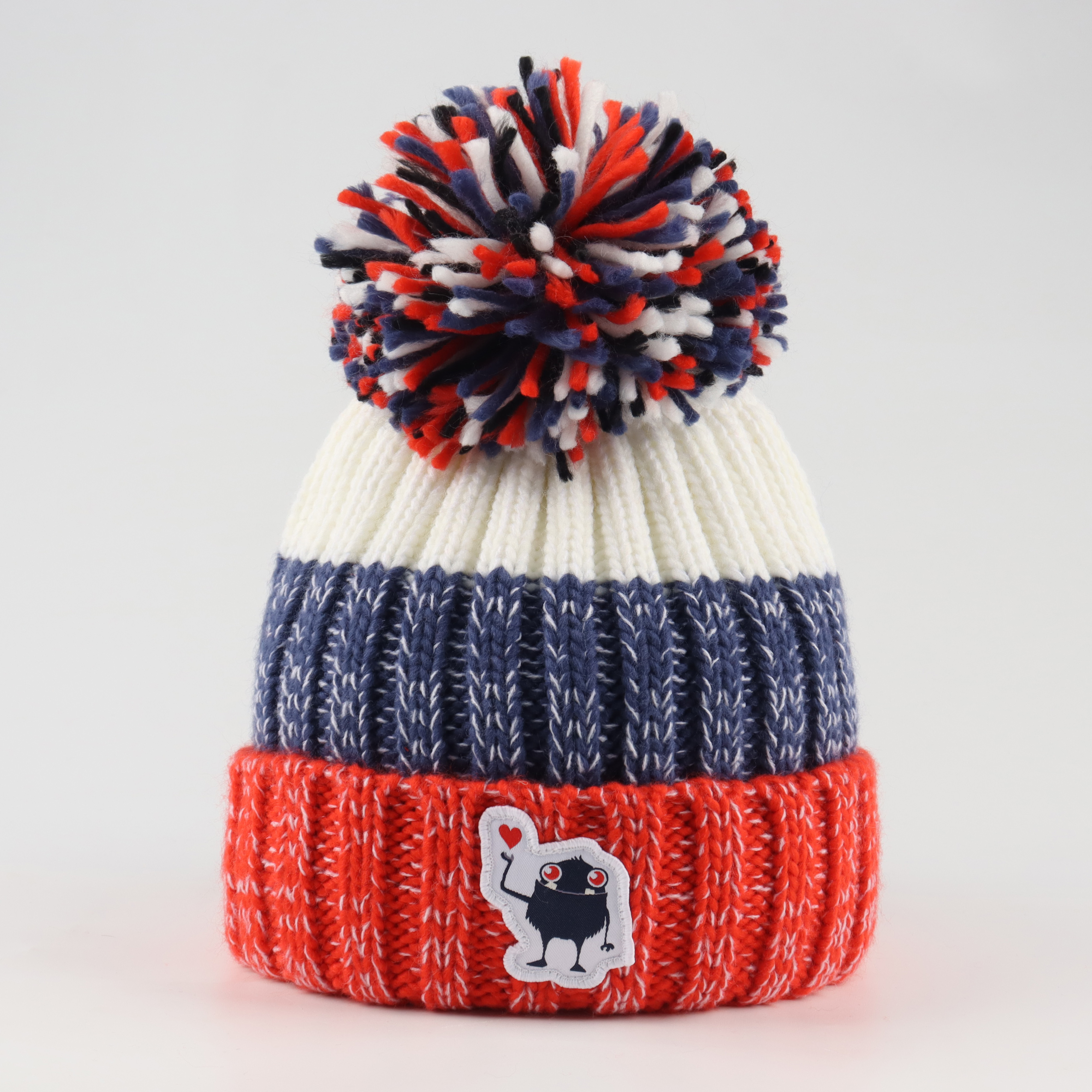 Color Block Cuffed Knit Pom Pom Beanie with Cartoon Patch