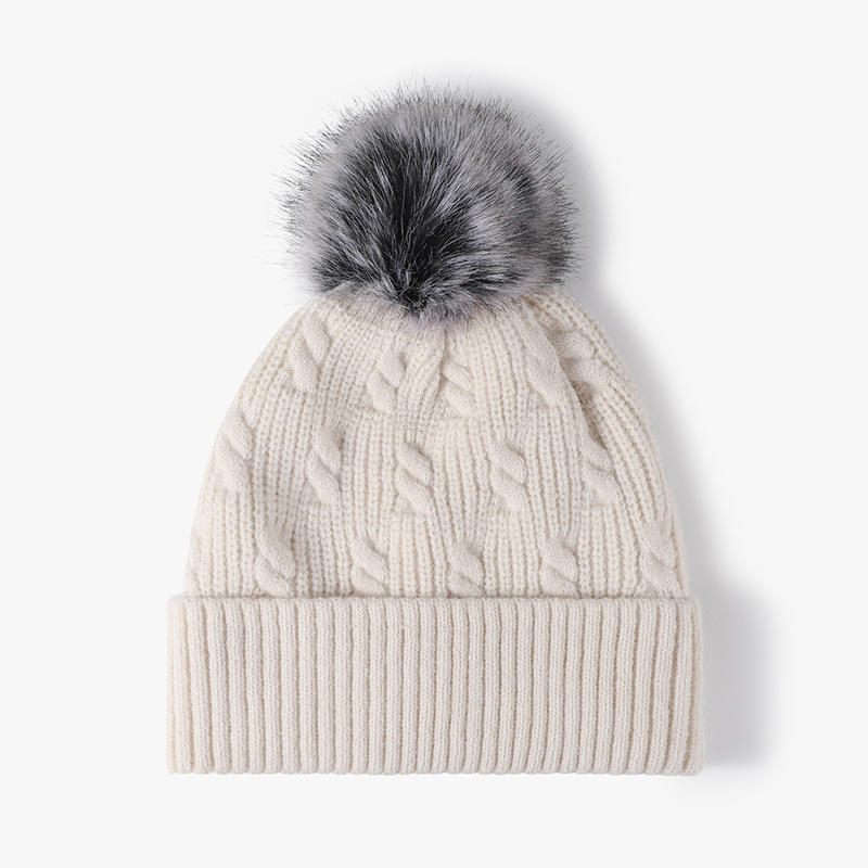 Women's Winter Cable Knit Cuffed Beanie Hat with Faux Fur Pom Pom