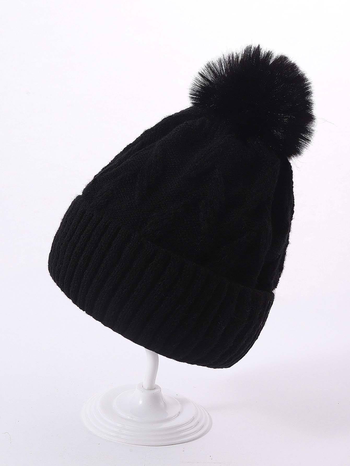 Women's Winter Cable Knit Beanie Hat with Ribbed Cuff and Fluffy Faux Fur Pom Pom