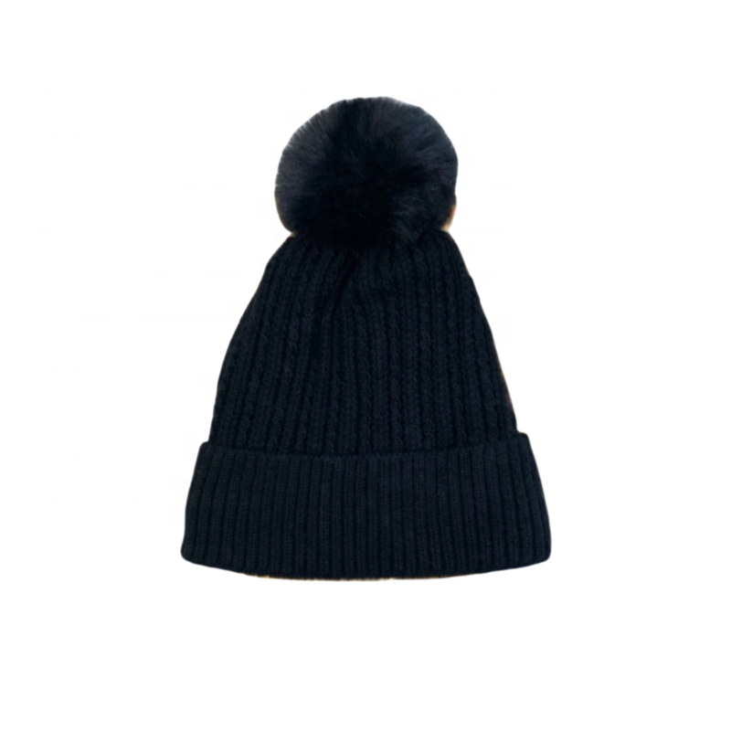 Warm Cable Knit Beanie with Faux Fur Pom