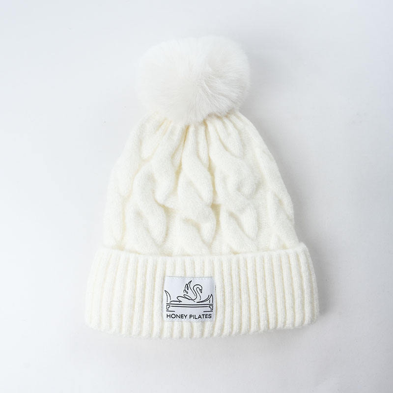Cable Knit Cuffed Winter Beanie with Faux Fur Pom Pom