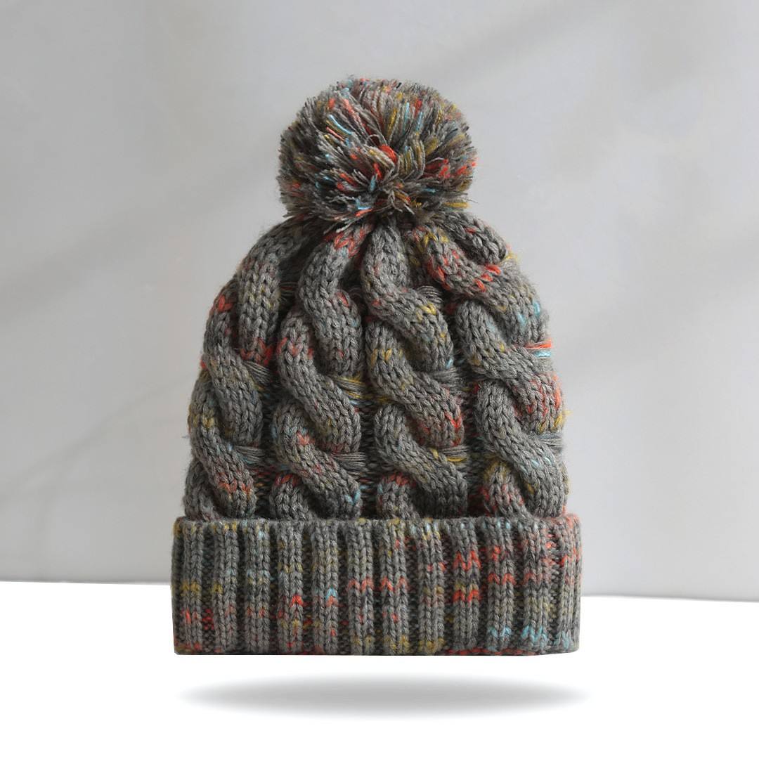 Multicolor Cable Knit Pom Pom Winter Beanie Hat