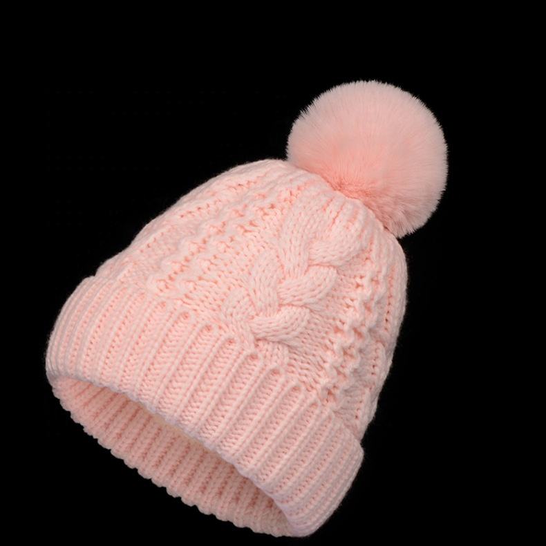 Cable Knit Cuffed Winter Beanie with Faux Fur Pom Pom