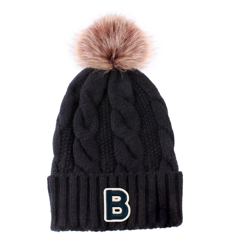 B Patch Cable Knit Cuffed Faux Fur Pom Pom Beanie
