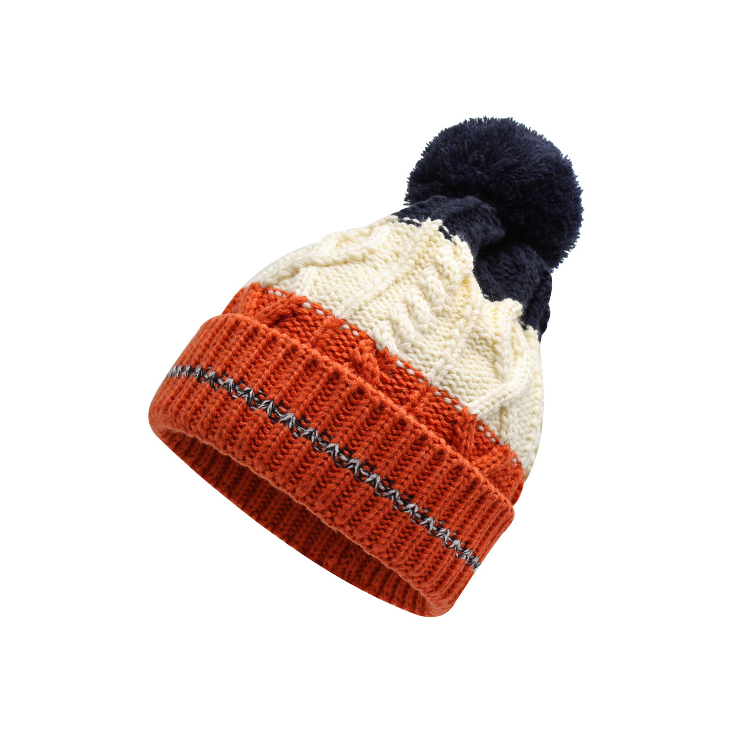 Color Block Cable Knit Pom Pom Beanie Hat