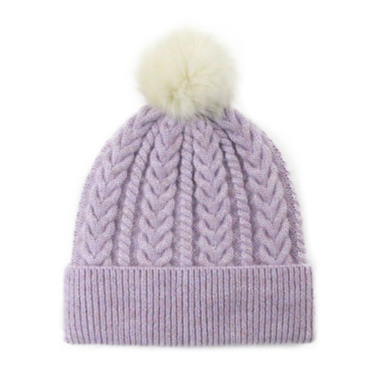 Winter Cable Knit Beanie with Faux Fur Pom Pom for Women