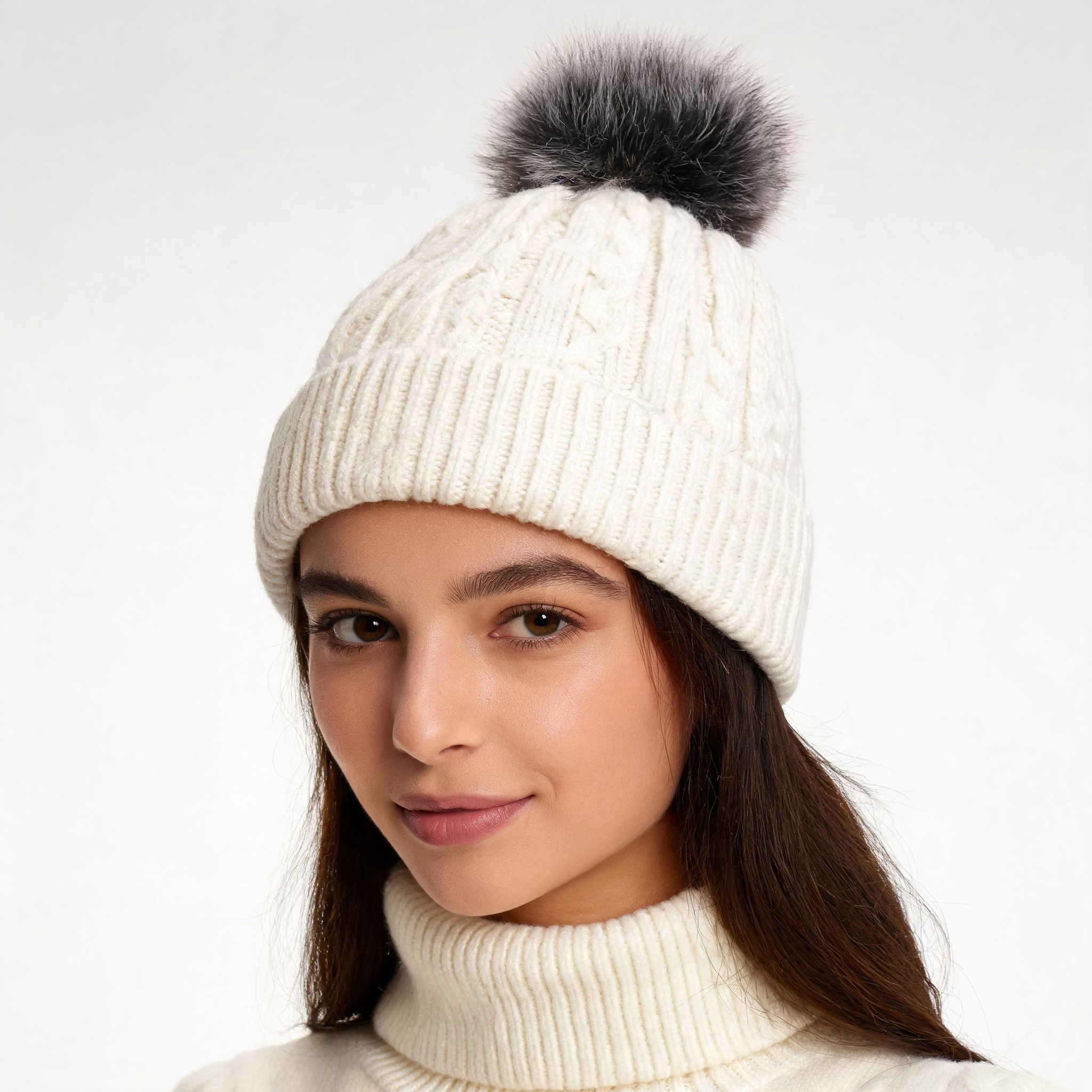 Women's Winter Cable Knit Cuffed Beanie Hat with Faux Fur Pom Pom