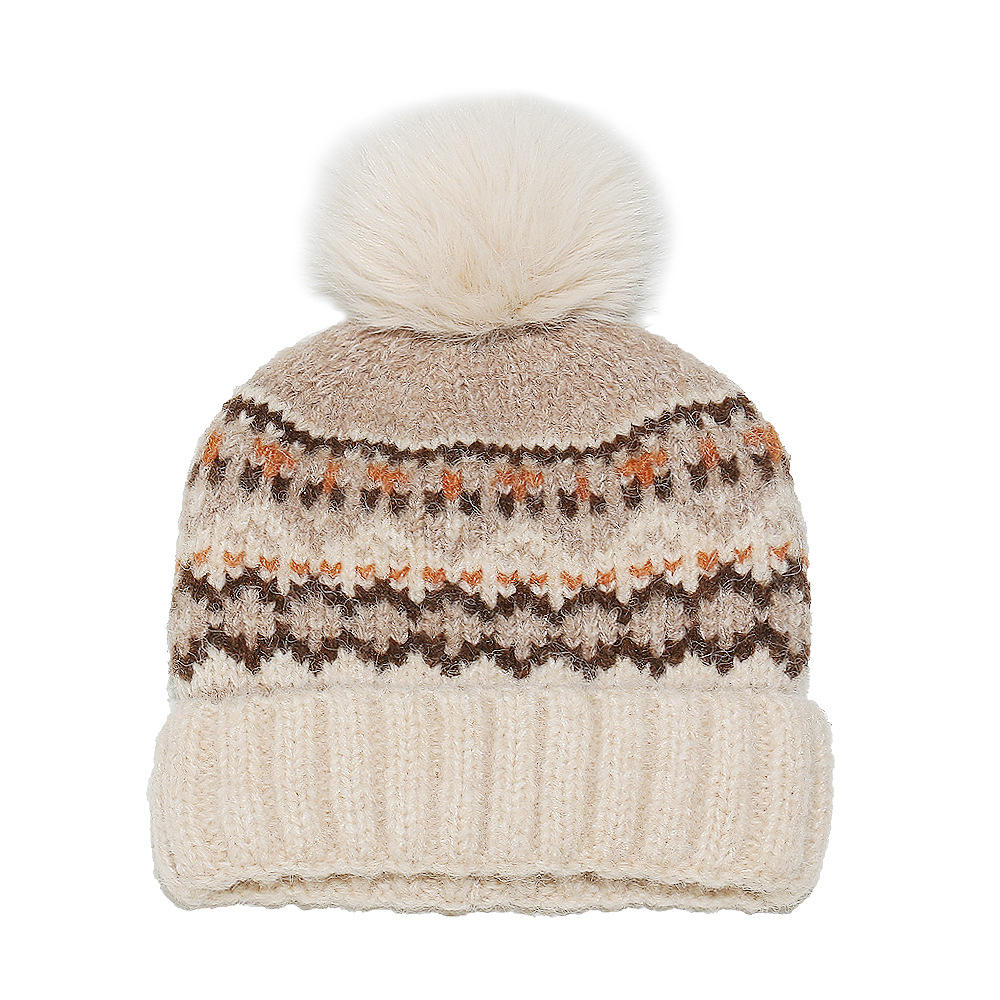 Nordic Fair Isle Winter Knit Beanie with Faux Fur Pom Pom