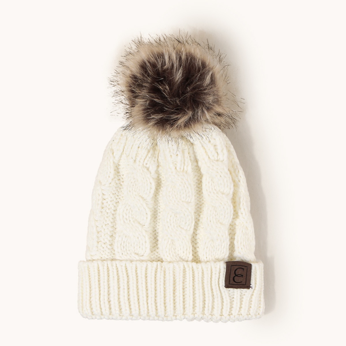 Winter Cable Knit Faux Fur Pom Pom Beanie Hat for Women Soft Warm Cuffed Skull Cap