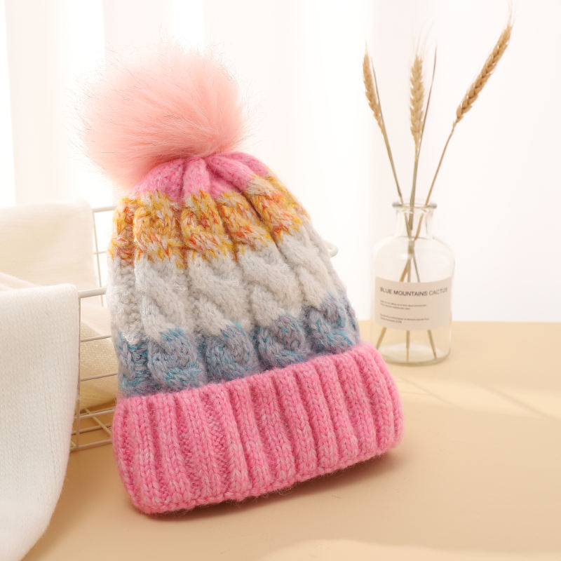 Color Block Cable Knit Winter Beanie Hat with Oversized Faux Fur Pom Pom and Ribbed Foldover Cuff