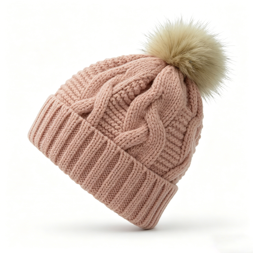 Pastel Cable Knit Cuffed Beanie Hat with Faux Fur Pom Pom