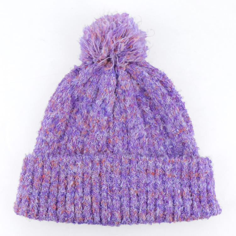 Heathered Purple and Sage Chunky Knit Pom Pom Cuffed Beanie