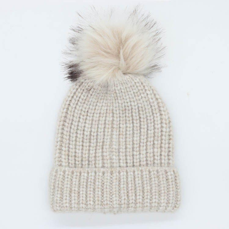 Thick Cable Knit Cuffed Beanie with Faux Fur Pom Pom