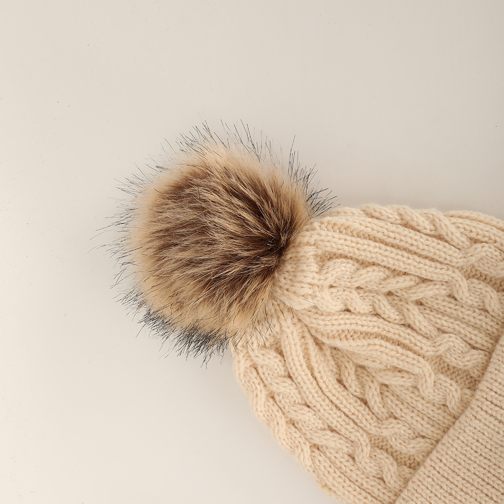 Winter Knit Beanie Hat with Faux Fur Pom and Cuffed Design