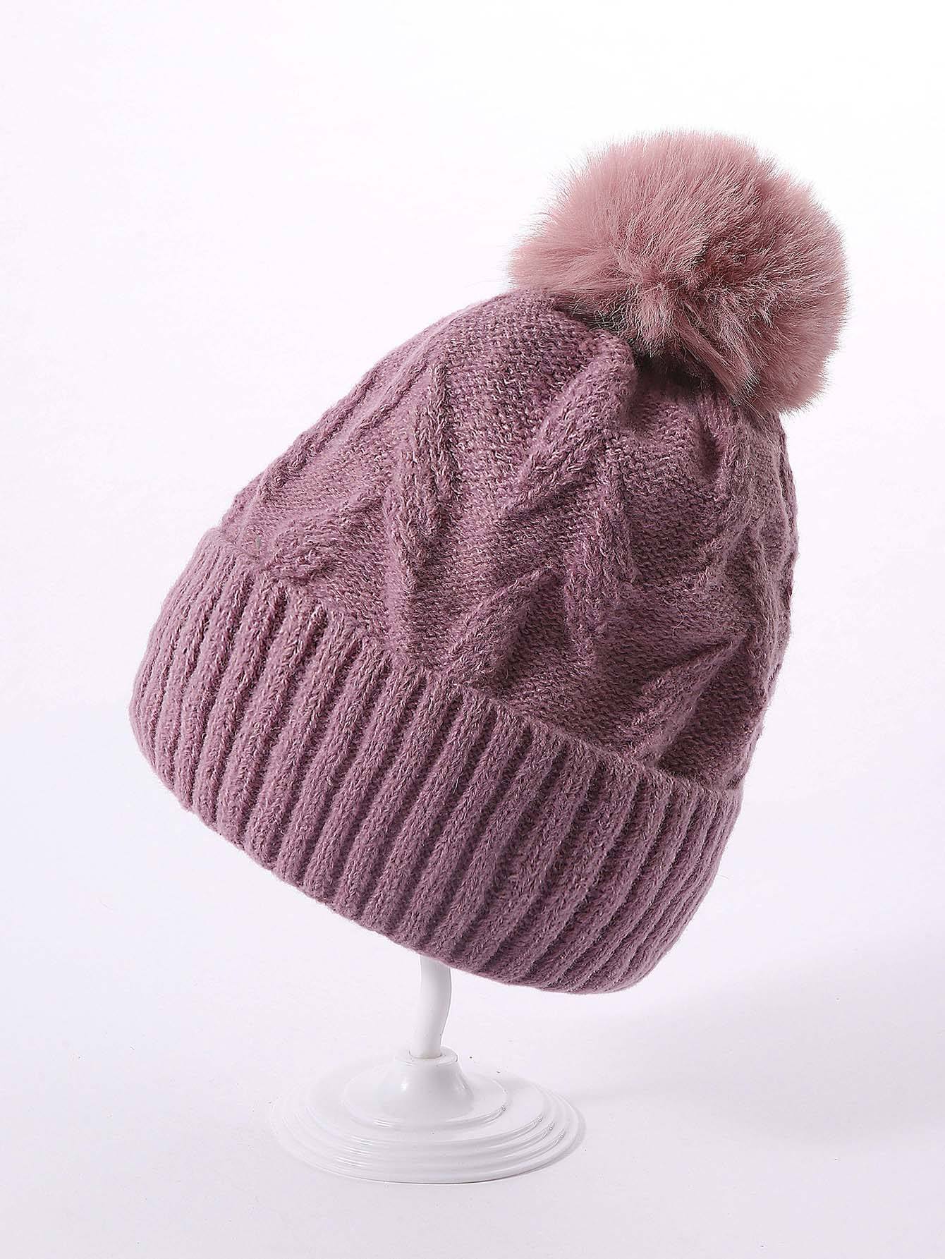 Women's Winter Cable Knit Beanie Hat with Ribbed Cuff and Fluffy Faux Fur Pom Pom