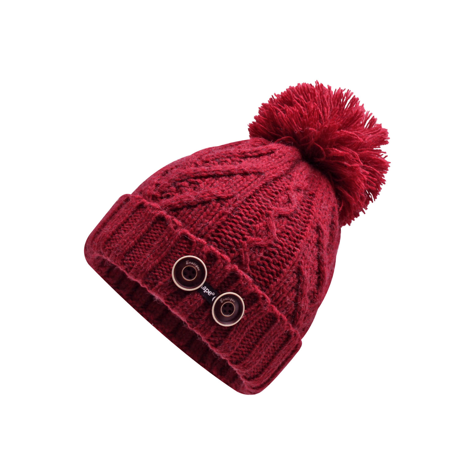 Women’s Cable Knit Cuffed Pom Pom Beanie Hat with Double Button Detail