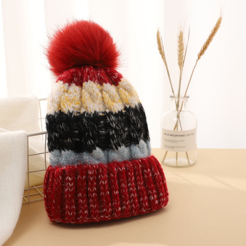 Color Block Cable Knit Winter Beanie Hat with Oversized Faux Fur Pom Pom and Ribbed Foldover Cuff