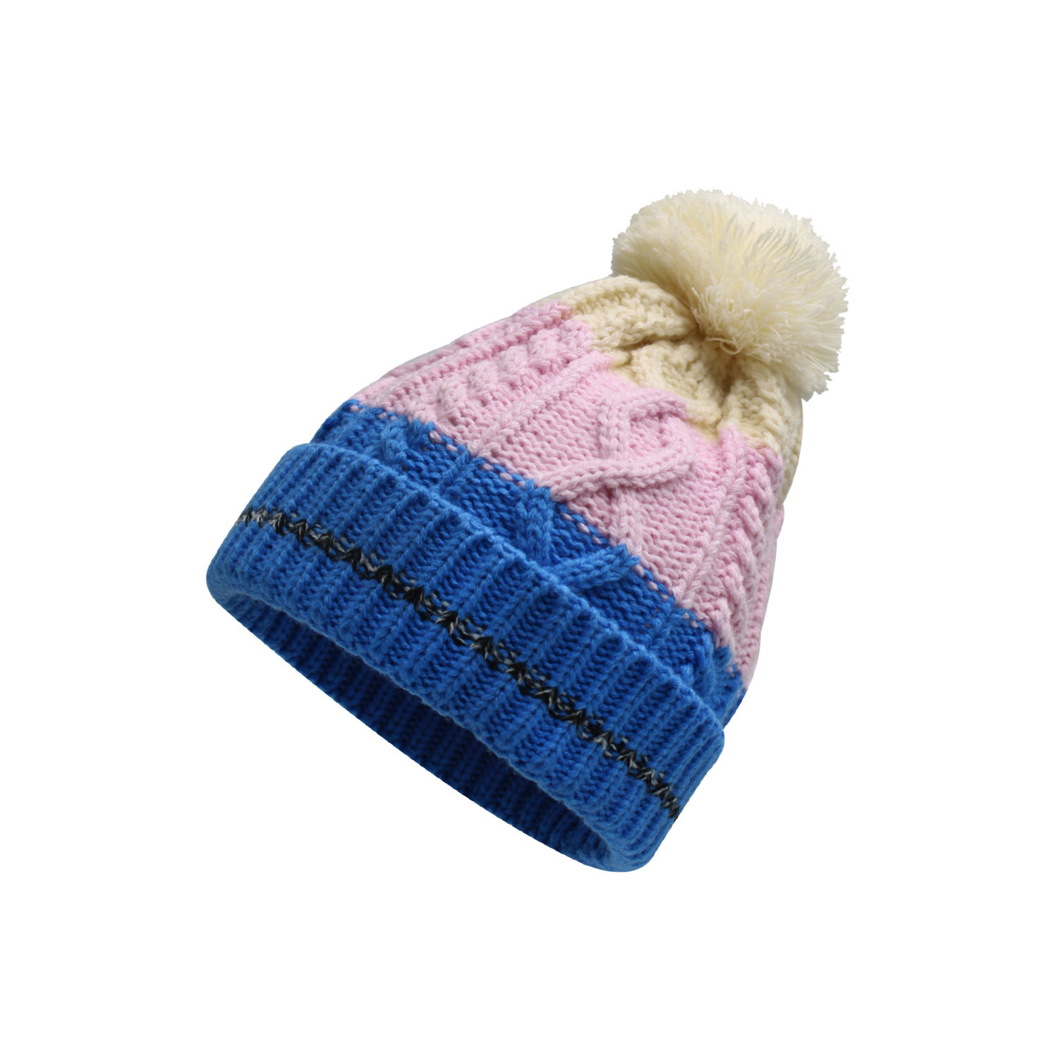 Color Block Cable Knit Pom Pom Beanie Hat