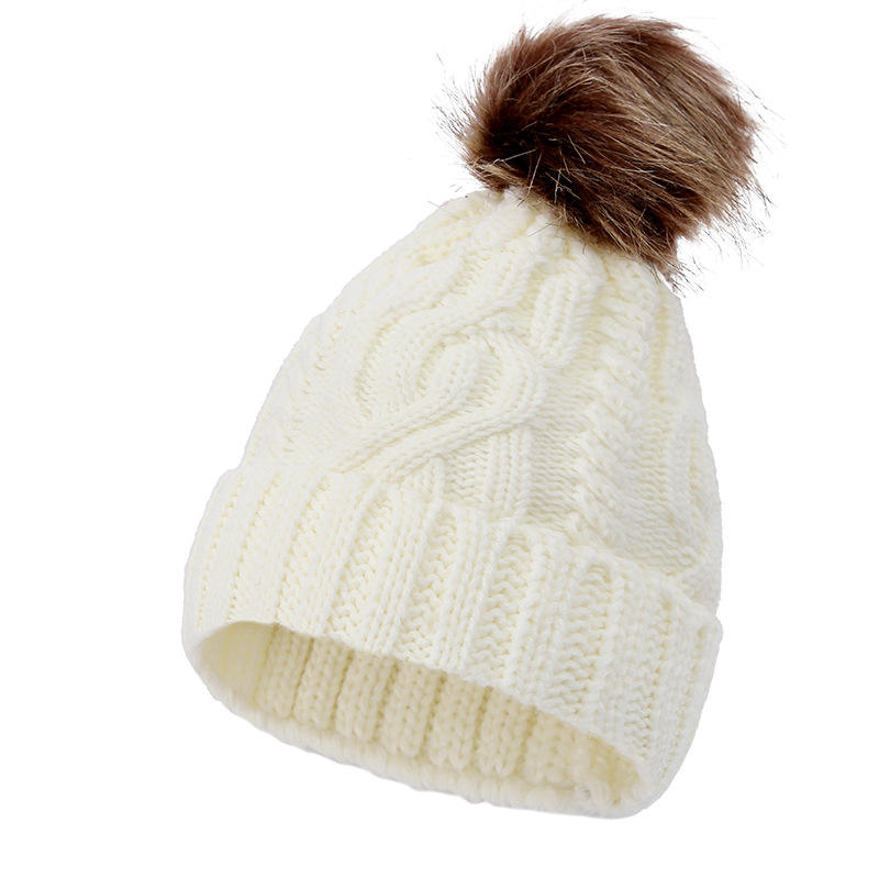 Cable Knit Cuffed Faux Fur Pom Pom Winter Beanie Hat