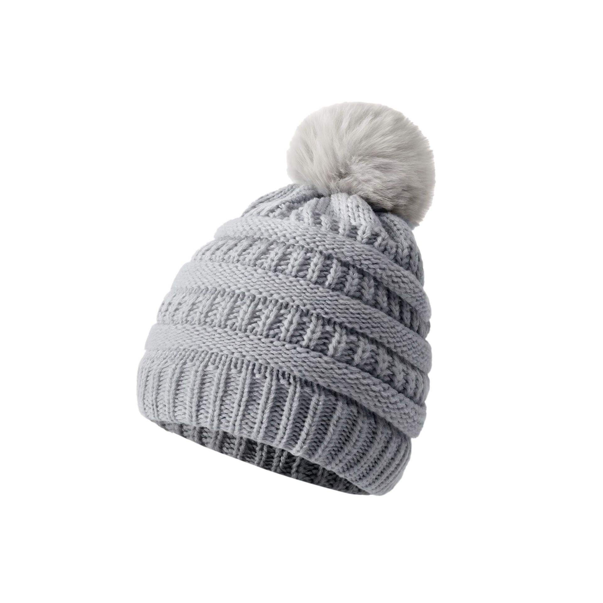 Women's Winter Cable Knit Beanie Hat with Faux Fur Pom Pom, Soft Warm Cuffed Ski Cap