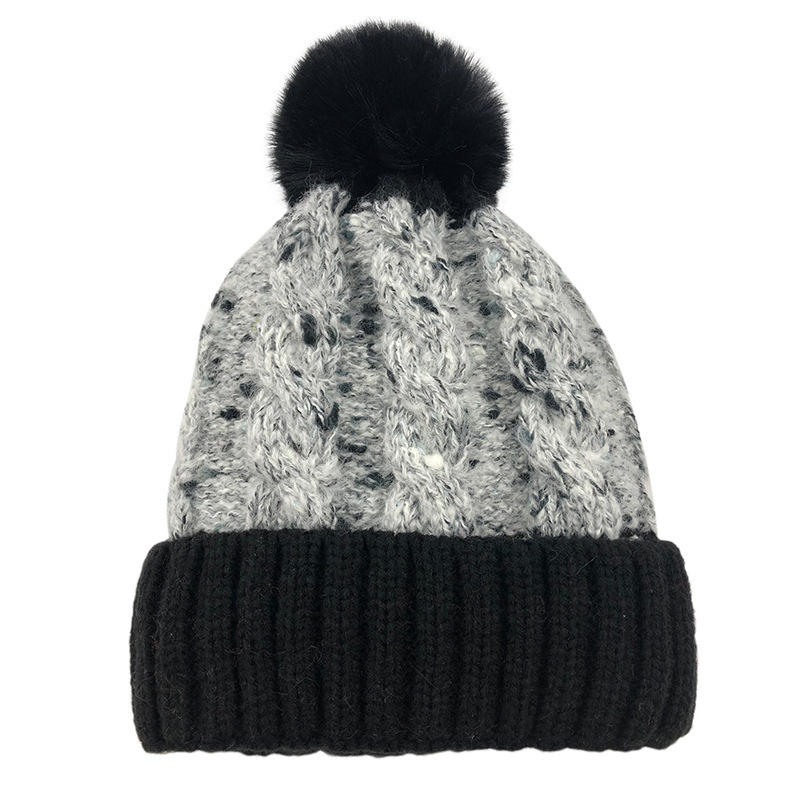 Women's Winter Cable Knit Pom Pom Beanie with Faux Fur Top