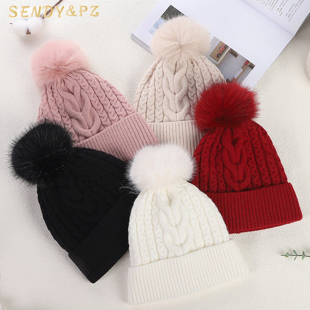 Women's Faux Fur Pom Pom Cable Knit Winter Beanie