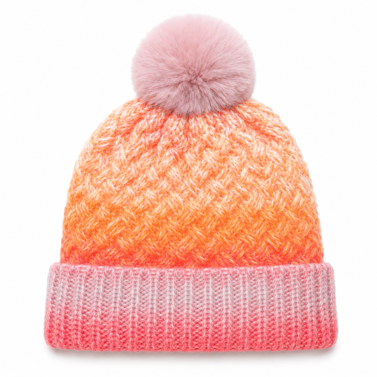 Pastel Gradient Cable Knit Pom Pom Cuffed Beanie