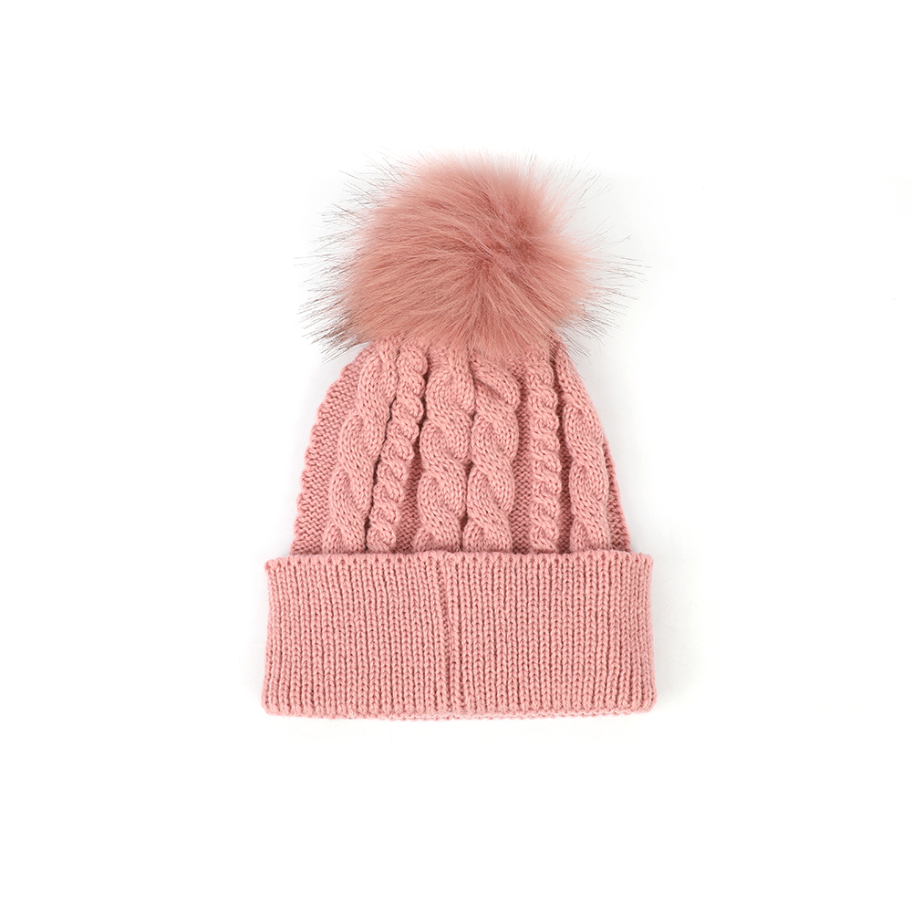 Winter Chunky Knit Beanie with Faux Fur Pom - Multiple Colors