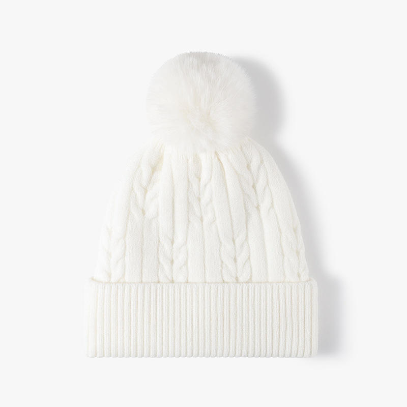 Women Men Winter Cable Knit Beanie Hat with Faux Fur Pom Pom Soft Warm Cuffed Design