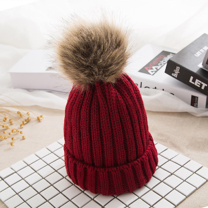Winter Faux Fur Pom Beanie – Thick Knit Cuffed Warm Hat