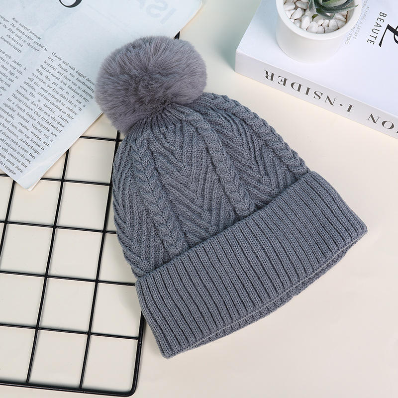 Winter Cable Knit Faux Fur Pom Pom Beanie Hat for Women