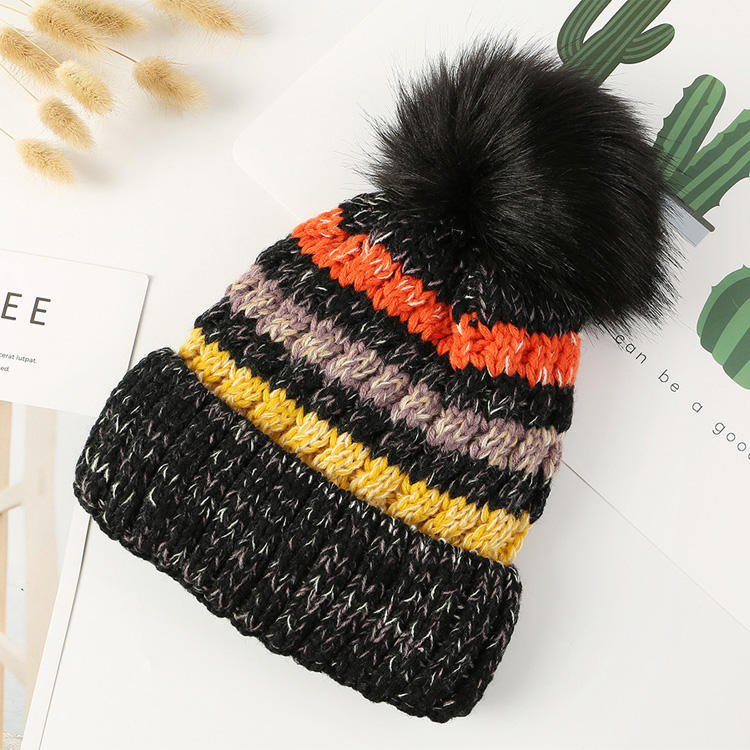 Striped Cable Knit Cuffed Beanie with Faux Fur Pom Pom