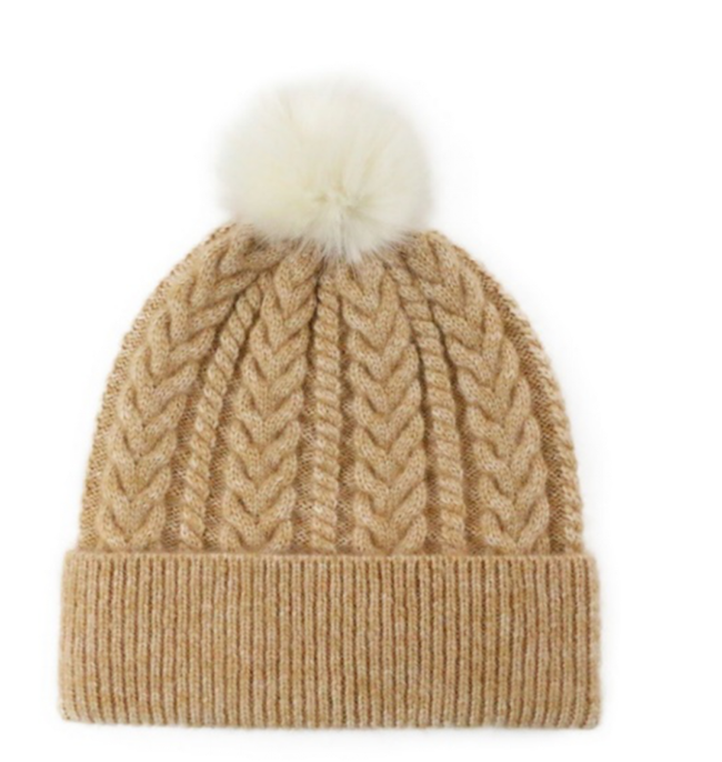 Winter Cable Knit Beanie with Faux Fur Pom Pom for Women