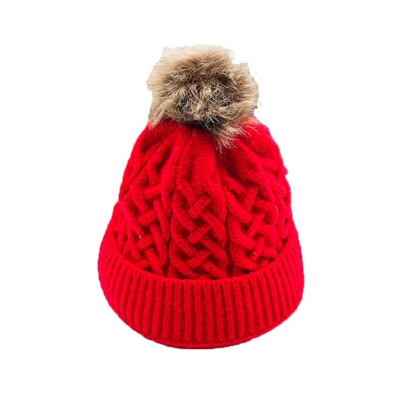 Warm Cable Knit Beanie Hat with Faux Fur Pom Pom Cuffed Winter Cap