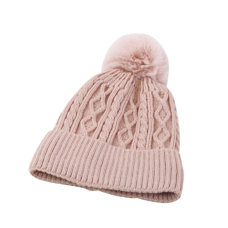 Winter Warm Cable Knit Beanie with Faux Fur Pom Pom