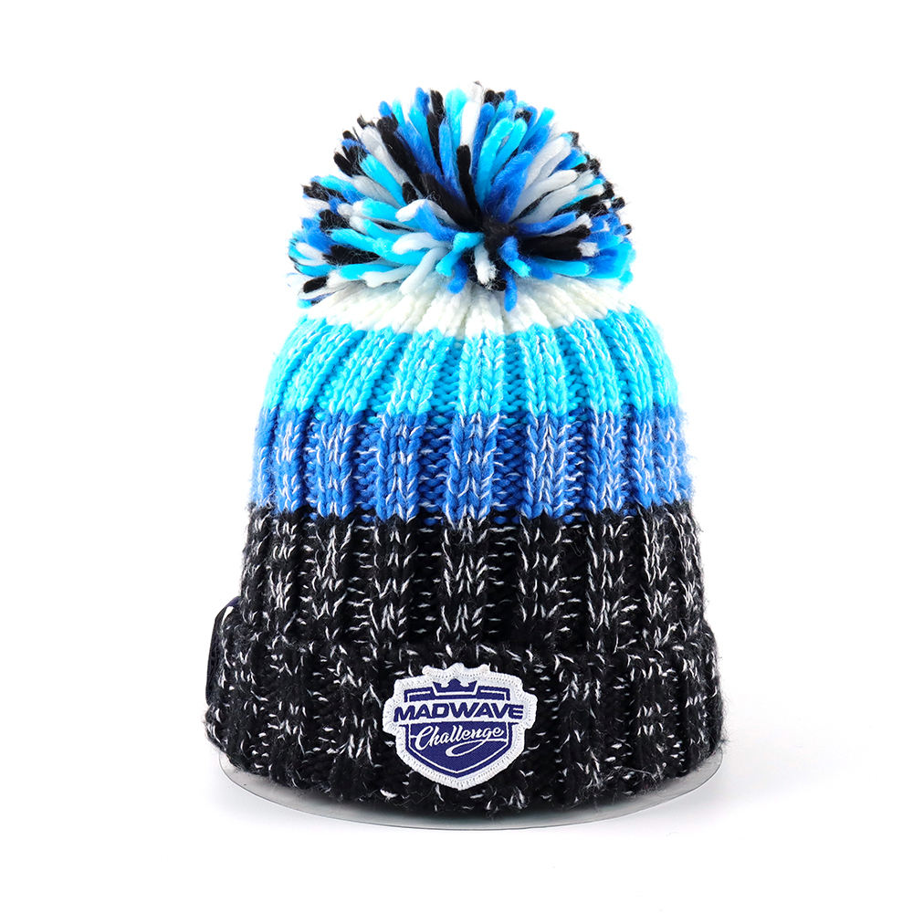 Blue Black Cable Knit Cuffed Pom Pom Beanie with Front Patch