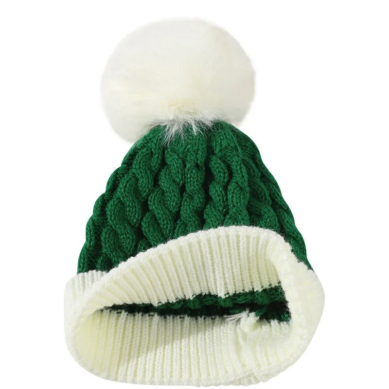 Christmas Color Block Knitted Pom Pom Beanie Hat