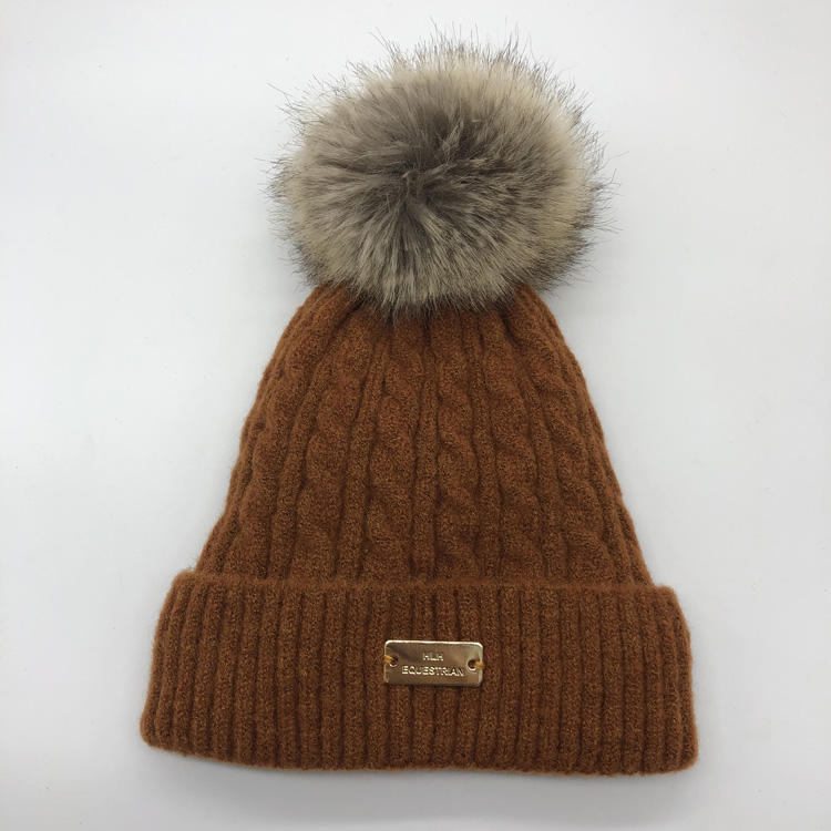 Winter Cable Knit Beanie with Faux Fur Pom — Burgundy