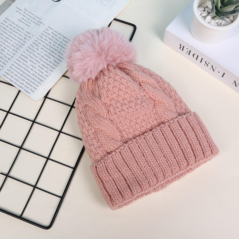 Thick Cable Knit Cuffed Faux Fur Pom Pom Beanie Hat