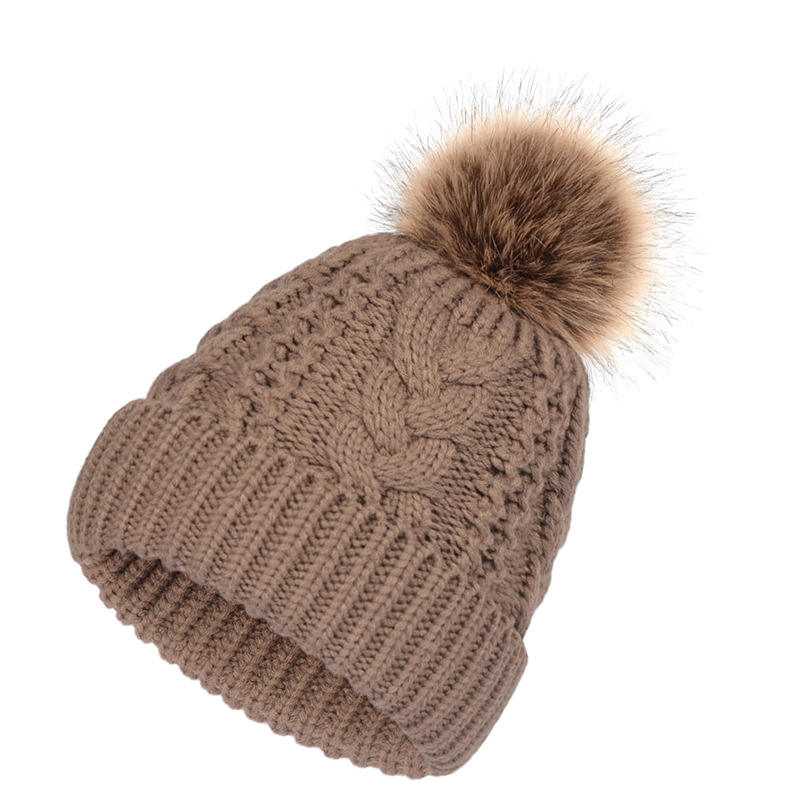 Winter Warm Cable Knit Beanie with Faux Fur Pom – Cuffed Soft Wool Hat