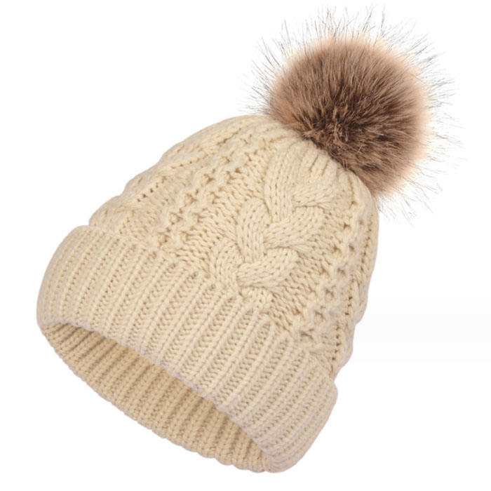 Winter Cable Knit Pom Pom Beanie Hat for Women Soft Warm Cuffed Skull Cap