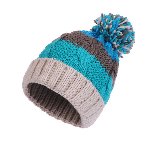 Striped Chunky Cable Knit Cuffed Beanie with Multicolor Pom Pom