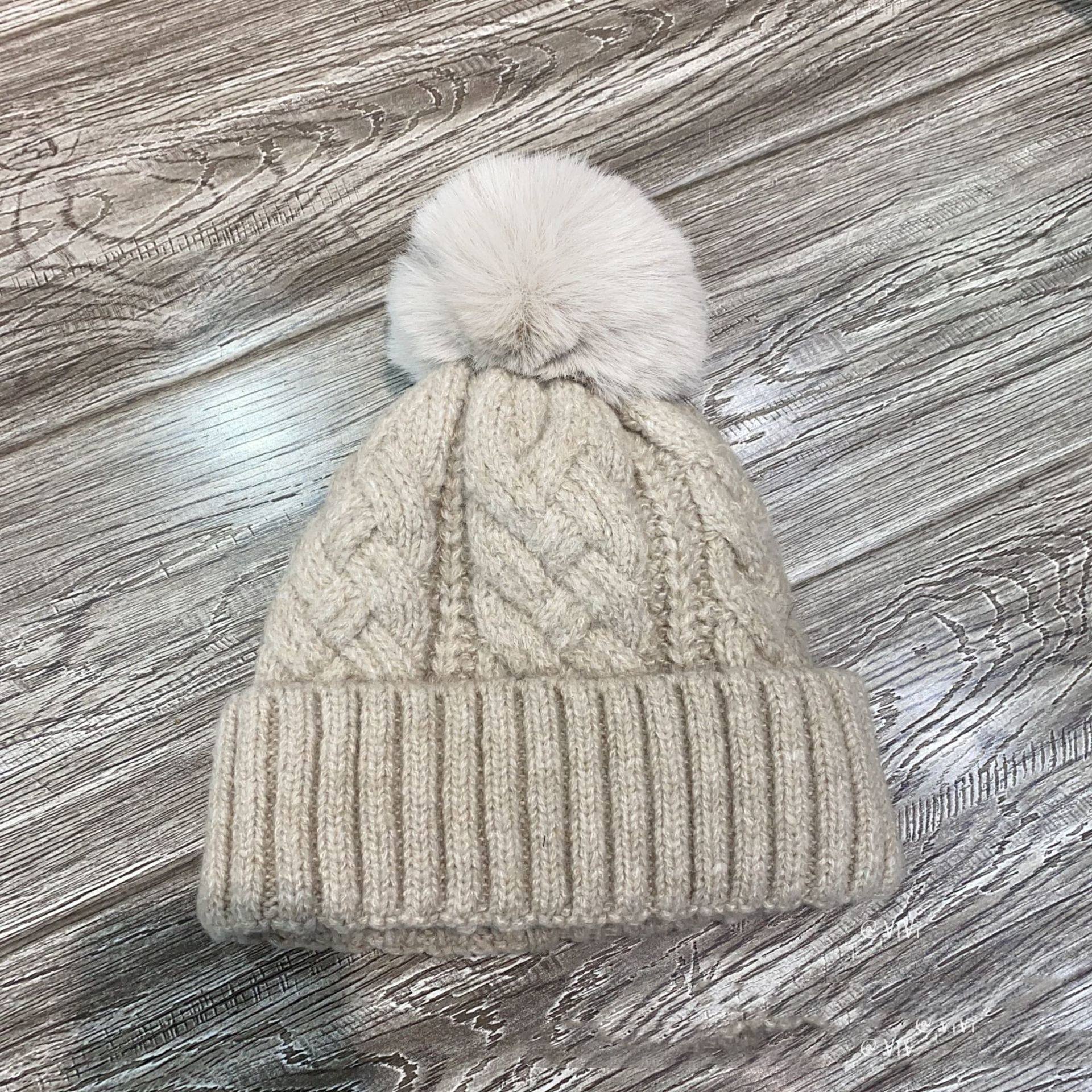 Cable Knit Pom Pom Beanie with Ribbed Fold Cuff – Winter Warm Hat