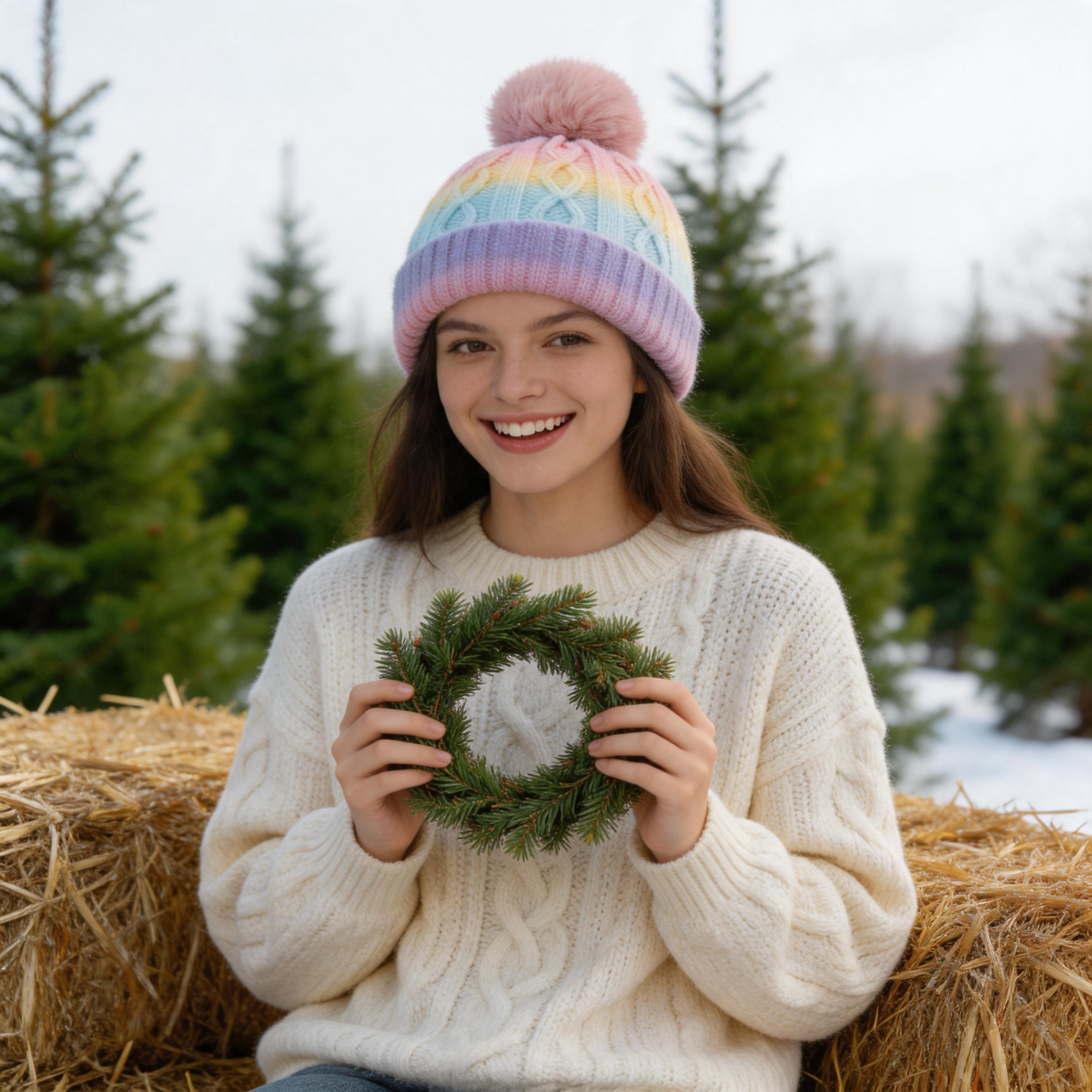 Ombre Cable Knit Cuffed Beanie with Oversized Faux Fur Pom Pom and Soft Lining – Gray Blue Mustard Pastel Multicolor Winter Hat