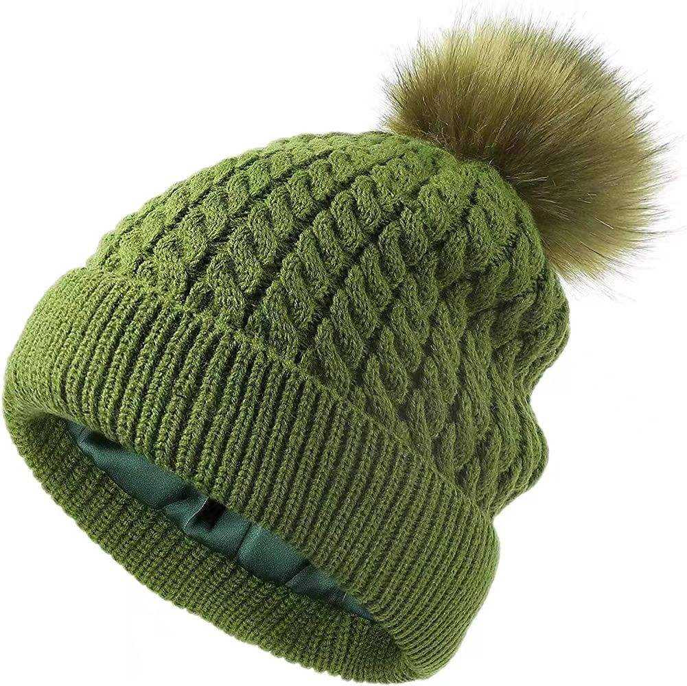 Cable Knit Cuffed Beanie with Faux Fur Pom Pom