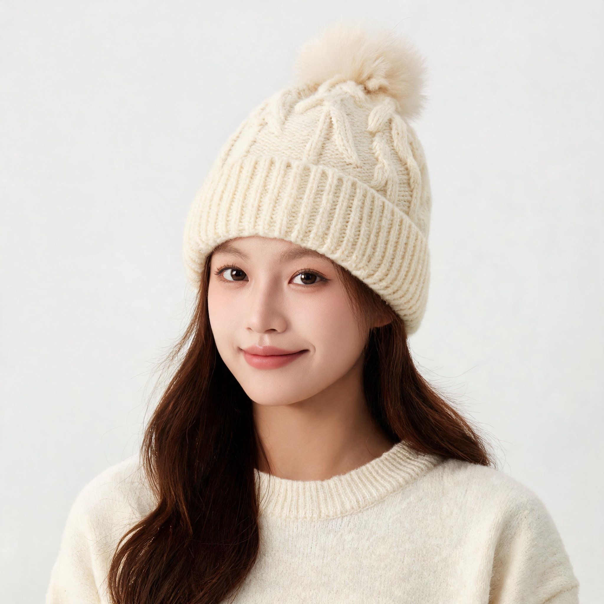 Women's Cable Knit Pom Pom Beanie Winter Warm Cuffed Ribbed Hat in Assorted Colors