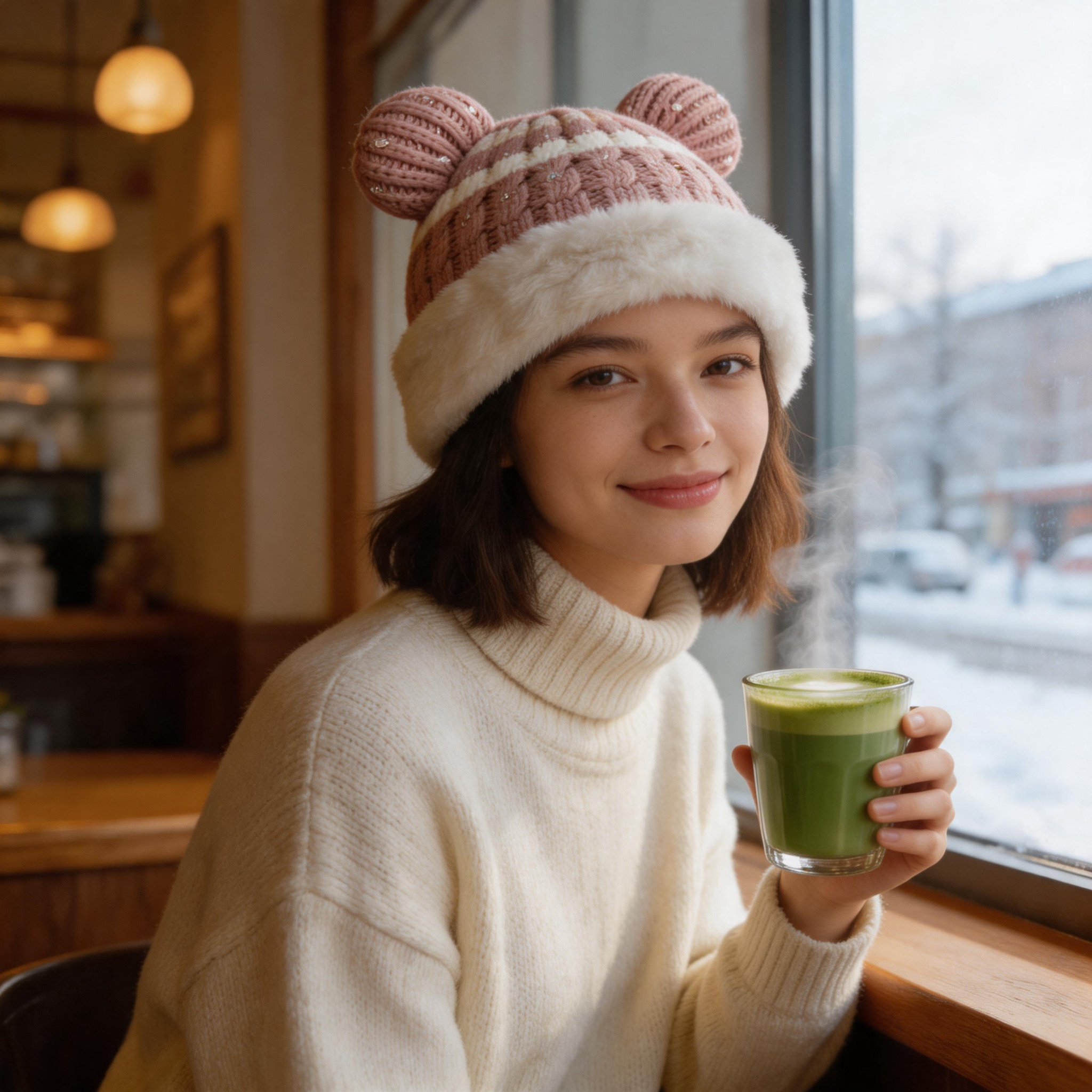 Women's Winter Knitted Beanie Hat with Bear Ear Design and Faux Fur Cuff