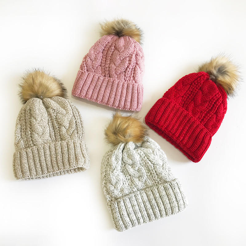 Chunky Cable Knit Beanie Hat with Faux Fur Pom Pom in Multiple Colors