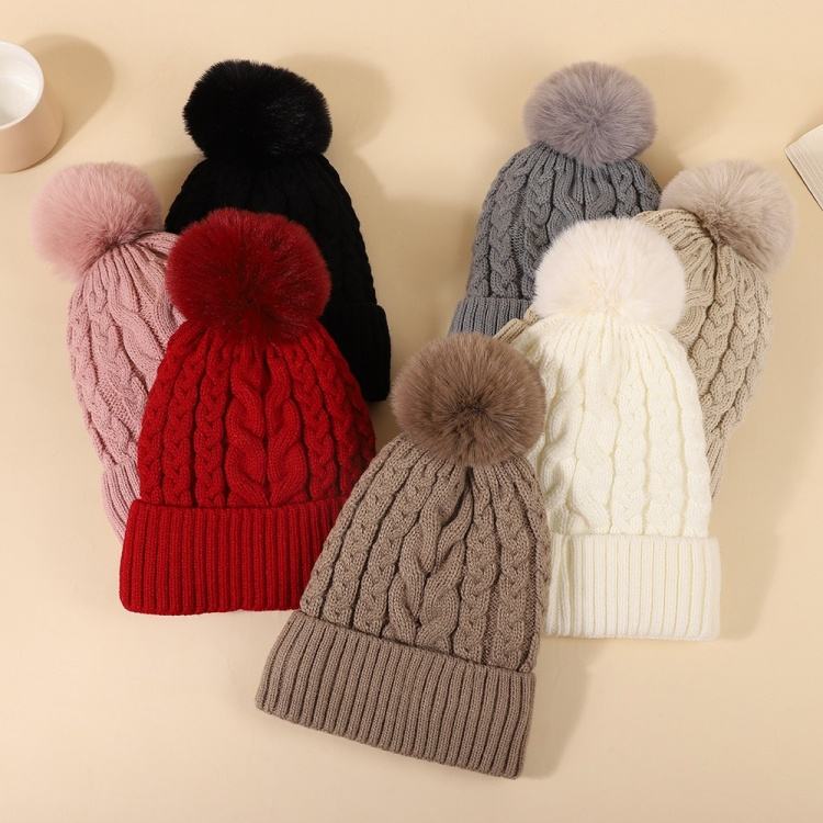 Winter Cable Knit Beanie Hat with Faux Fur Pom Pom