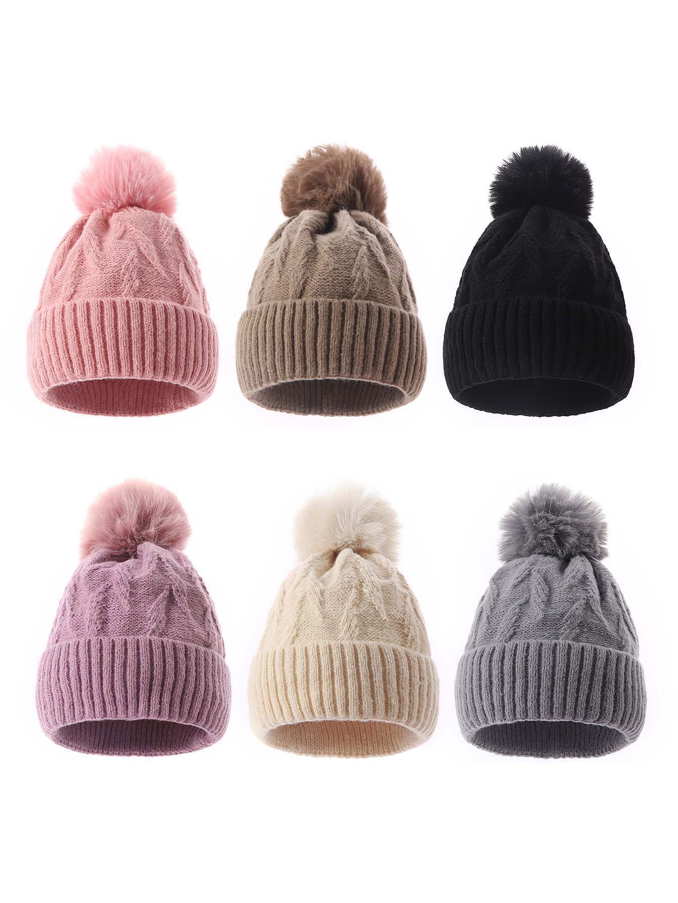 Women's Winter Cable Knit Beanie Hat with Ribbed Cuff and Fluffy Faux Fur Pom Pom